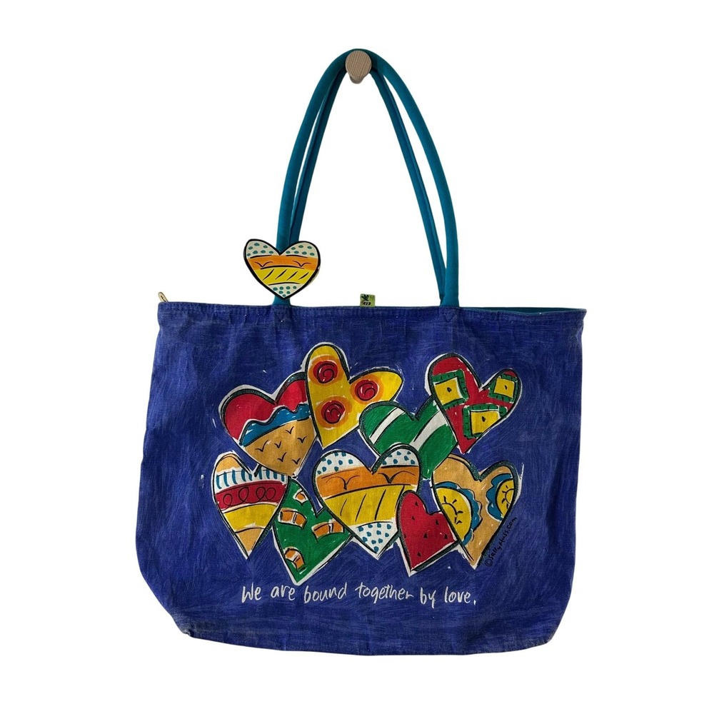 Sally Huss Blue Canvas Heart Tote Bag Bound Together By Love Art Graphic Large